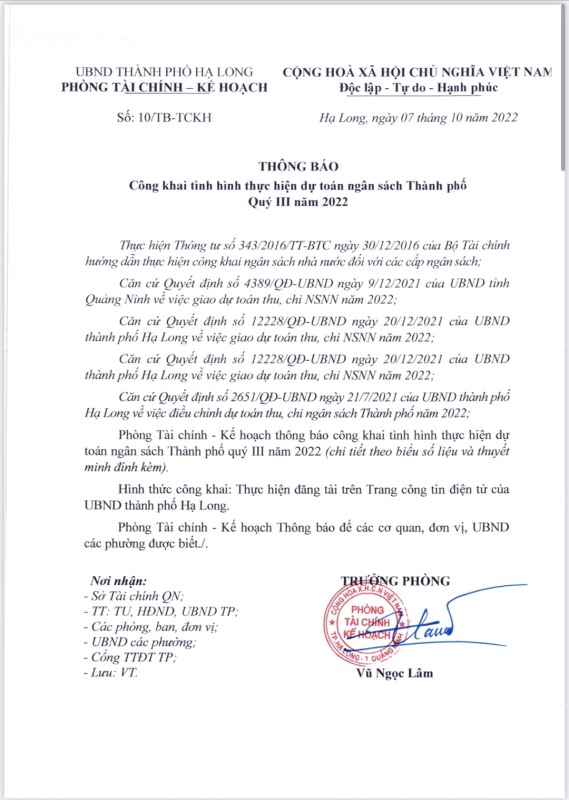 Công khai tình hình thực hiện dự toán ngân sách quý III năm 2022