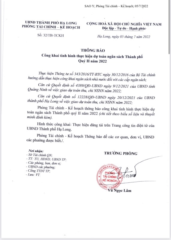 Công khai ngân sách Thành phố Quý II/2022