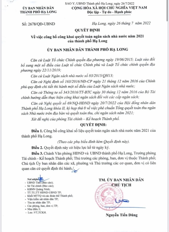 Quyết định về việc công bố công khai quyết toán ngân sách nhà nước năm 2021 của thành phố Hạ Long
