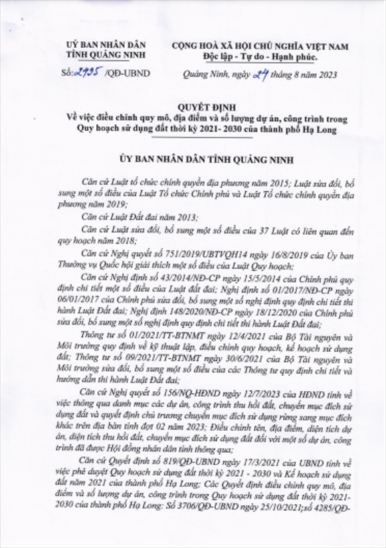 Điều chỉnh quy mô, địa điểm và số lượng dự án, công trình trong Quy hoạch sử dụng đất thời kỳ 2021-2030 của thành phố Hạ Long