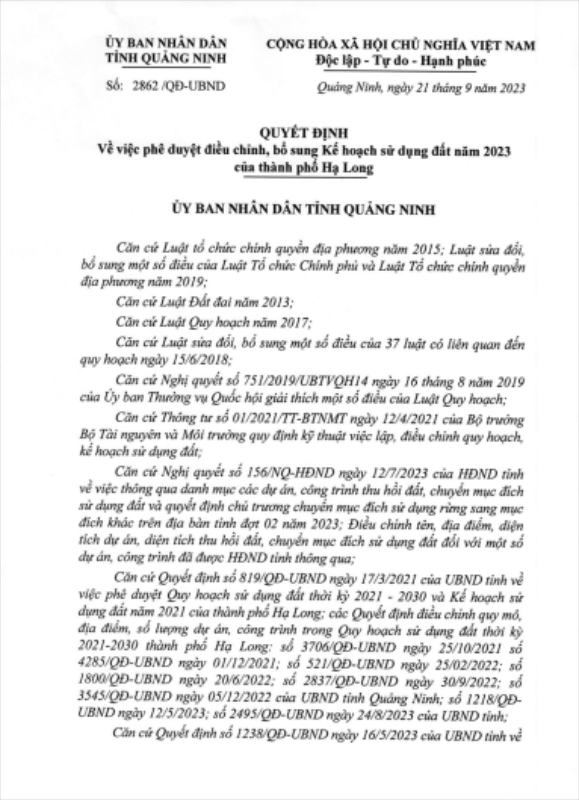 Phê duyệt điều chỉnh, bổ sung Kế hoạch sử dụng đất năm 2023 của thành phố Hạ Long  