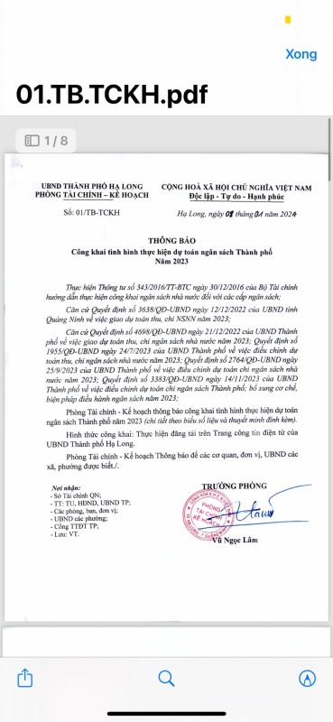 Công khai tình hình thực hiện dự toán ngân sách Thành phố Năm 2023.