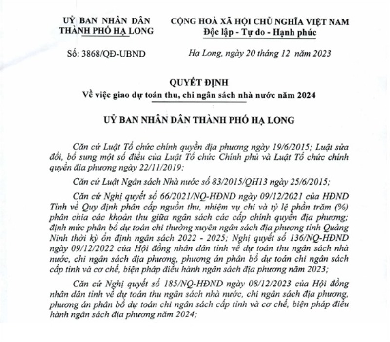 Quyết định v/v giao dự toán thu, chí ngân sách nhà nước năm 2024