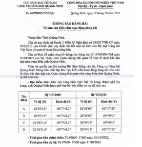 Thông báo về khu vực biển cấm hoạt động hàng hải ngày 20-21/10/2022