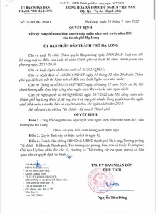 Quyết định về việc công bố công khai quyết toán ngân sách nhà nước năm 2021 của thành phố Hạ Long