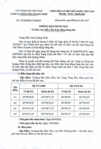 Thông báo về khu vực biển cấm hoạt động hàng hải
